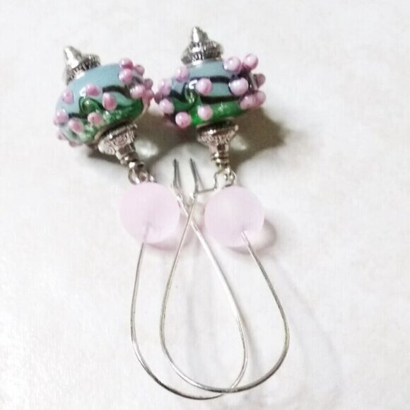 Green & Pink Murano Glass Dangle Earrings - Feminine Essence for Spring + Summer - Picture 1 of 5